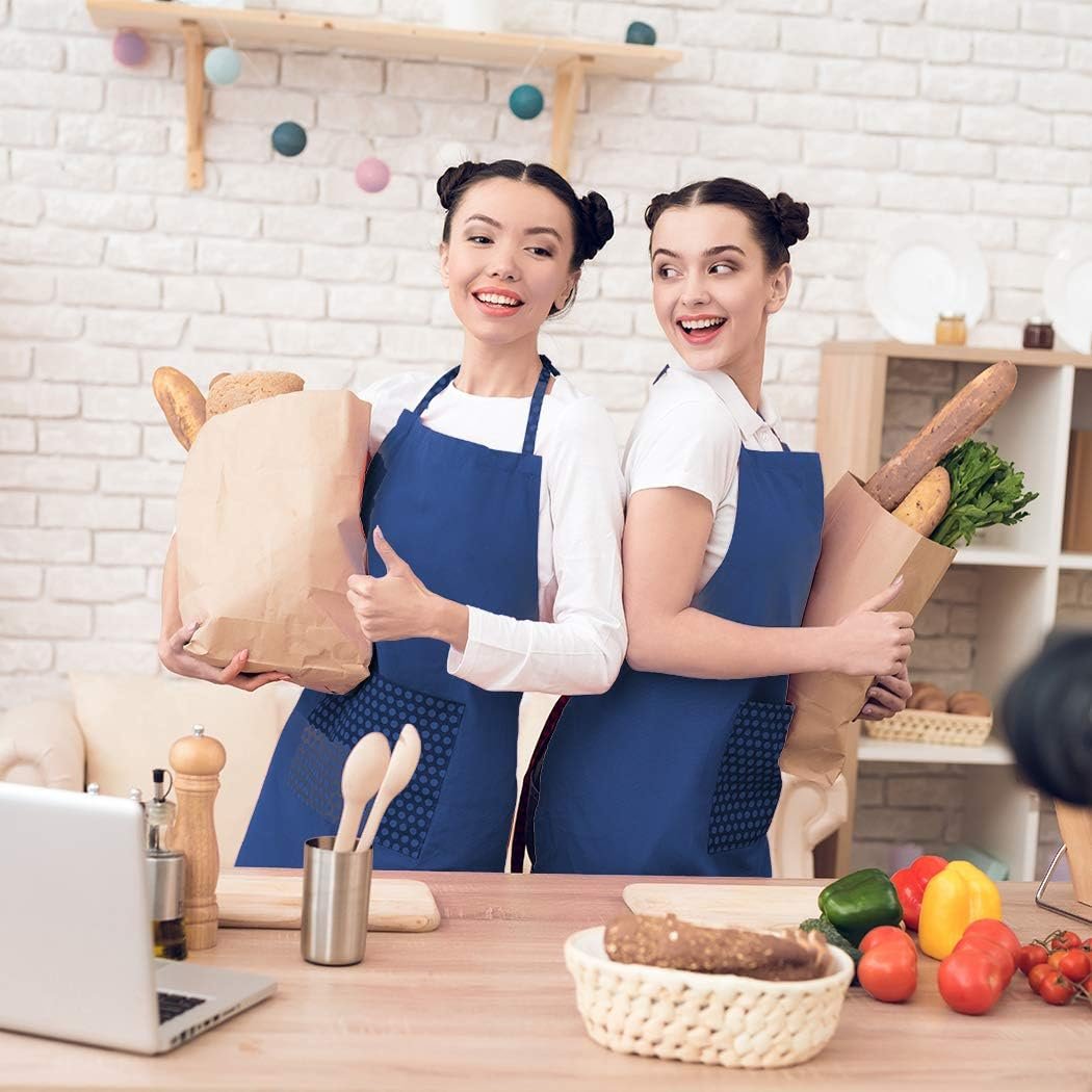 Total 6PCS Blue Bib Apron Adult with 2 Pockets for Women Men Chef Cooking Kitchen (6, Deep Blue) - Image 3