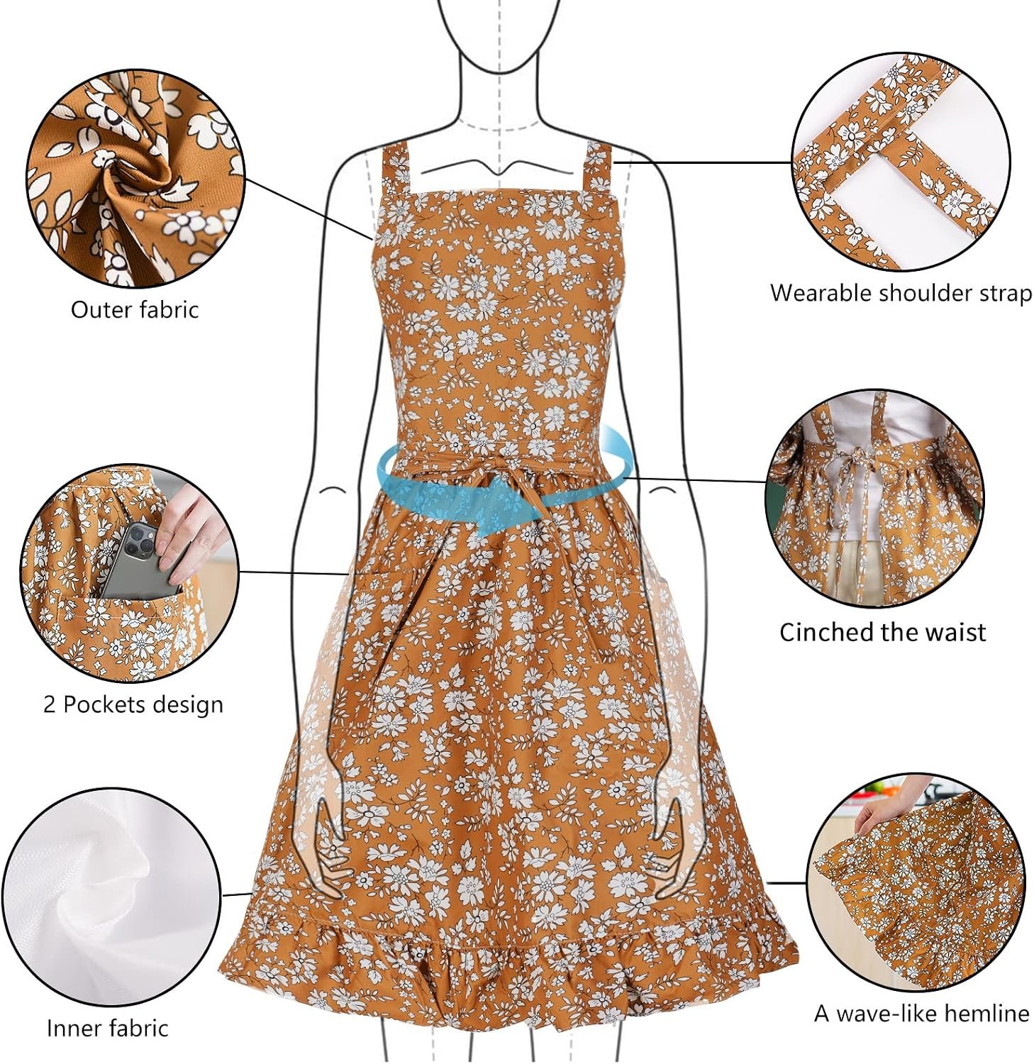 Pinknoke Vintage Pinafore Apron Dress for Women with Pockets Cute Floral Chef Aprons for Kitchen Cooking Baking Gardening - Image 3