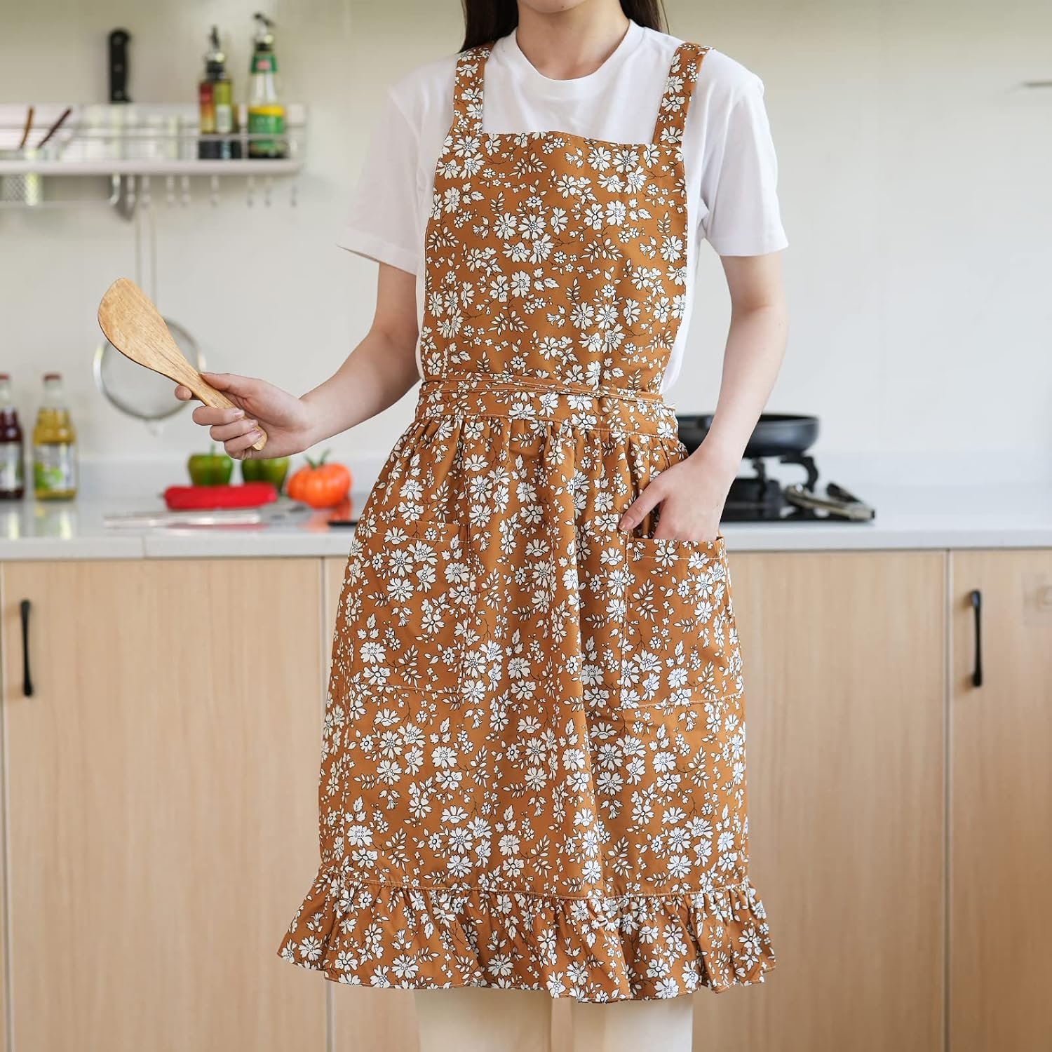 Pinknoke Vintage Pinafore Apron Dress for Women with Pockets Cute Floral Chef Aprons for Kitchen Cooking Baking Gardening - Image 4