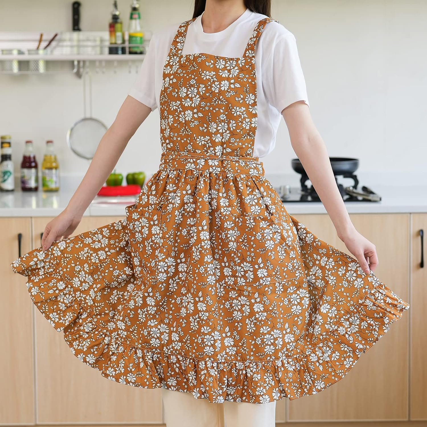 Pinknoke Vintage Pinafore Apron Dress for Women with Pockets Cute Floral Chef Aprons for Kitchen Cooking Baking Gardening - Image 8