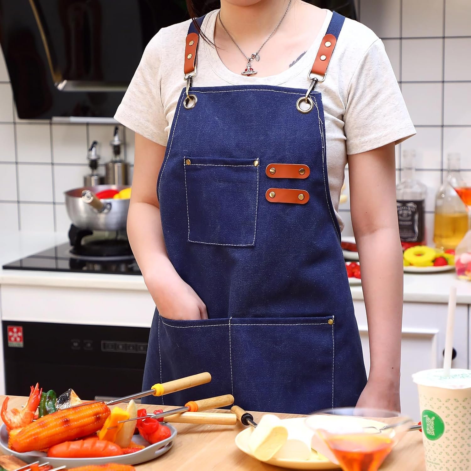 Toulite 4 Pack Canvas Chef Apron for Men with Adjustable Strap Cross Back Cotton Barber Apron with Pocket, 26 x 30'' - Image 7