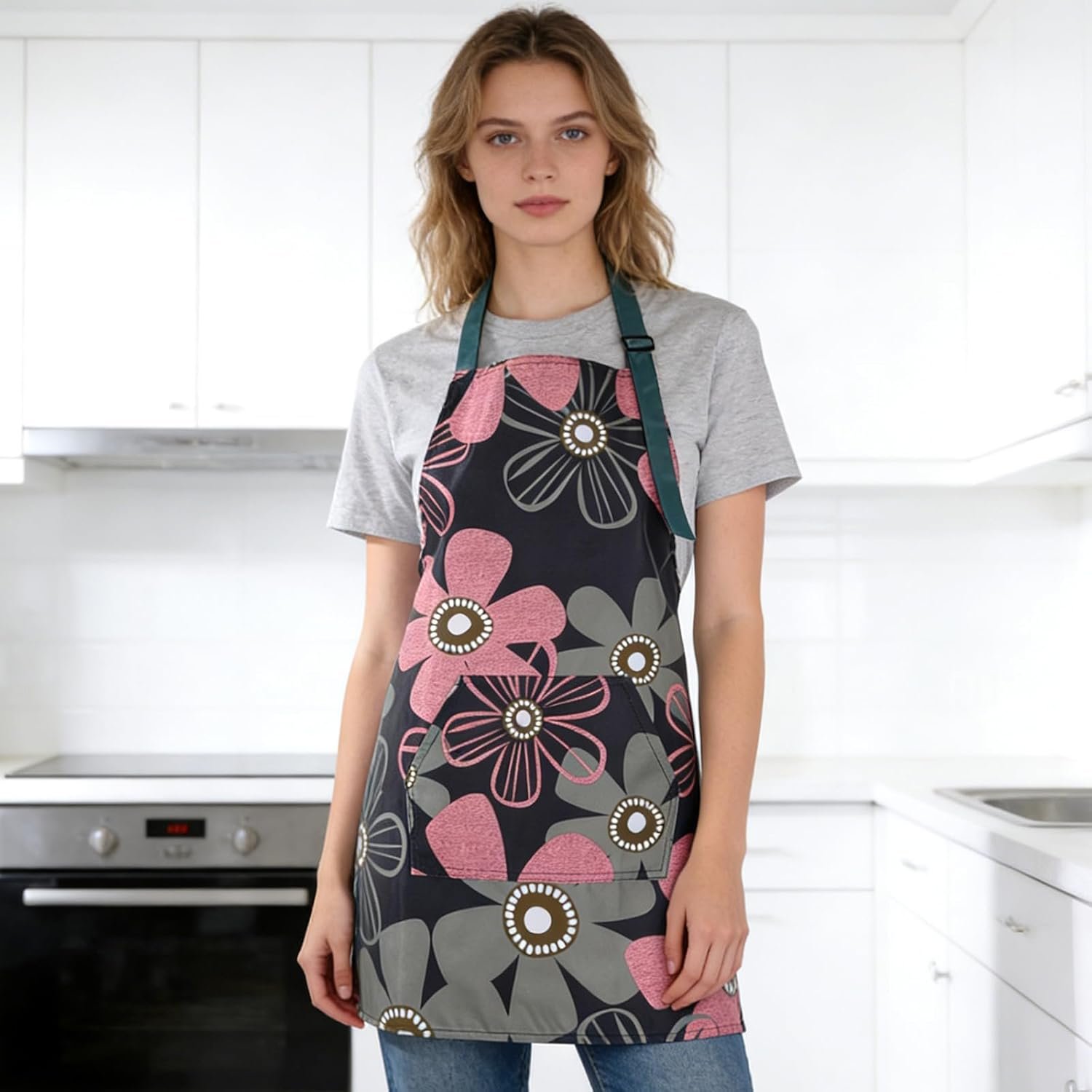 Floral Aprons with Pocket Blooming Womens Apron Waterproof Adjustable Cooking Aprons Funny Long Ties Cooking Chef Apron For Women Men Kitchen Cook Baking Gardening Salon BBQ - Image 7