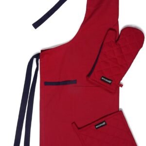 Encasa XO Kitchen Apron with Oven Gloves & Potholder - Combo Set -100% Cotton - Heat Resistant