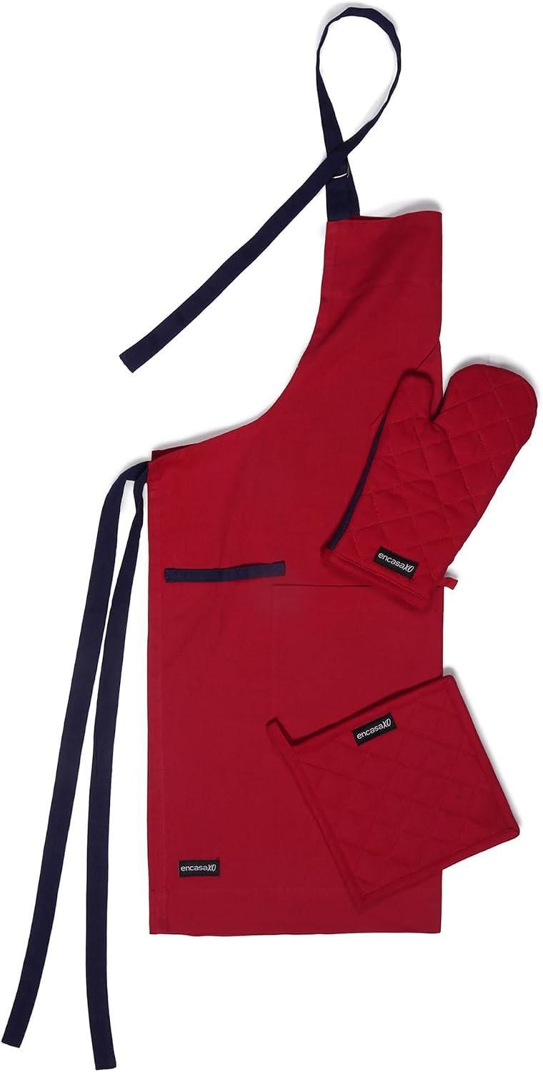 Encasa XO Kitchen Apron with Oven Gloves & Potholder - Combo Set -100% Cotton - Heat Resistant