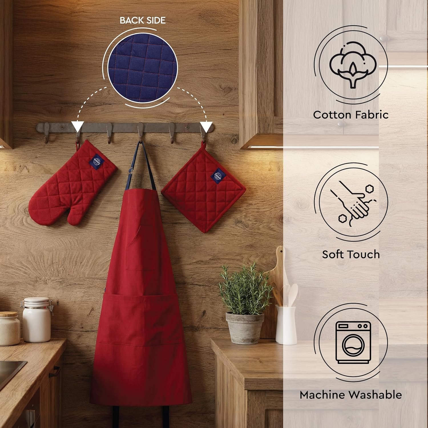 Encasa XO Kitchen Apron with Oven Gloves & Potholder - Combo Set -100% Cotton - Heat Resistant - Image 2