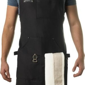 Asaya Chef and BBQ Apron with Bottle Opener and Hand Towel - 10oz Cotton Canvas, Stainless Steel Hardware - Cross Back Straps