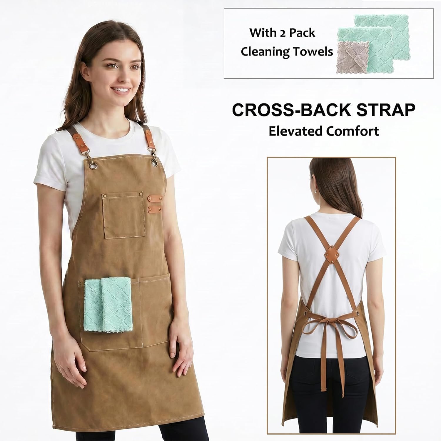 ZOMAO Chef Apron, Cotton Canvas Cross Back Apron with Pockets for Women and Men,Adjustable Strap and Large Pockets Apron,Kitchen Cooking Baking Bib Apron - Image 3