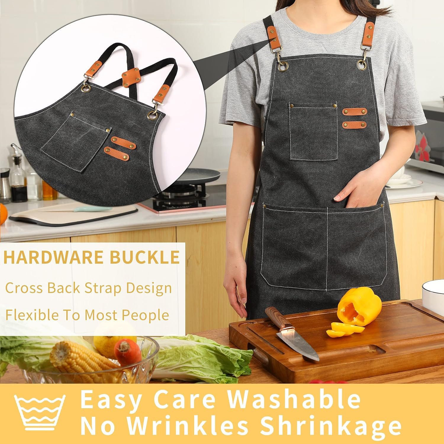 Tosewever 2 Pack Canvas Cross Back Chef Apron for Men Women with Pockets, Cotton Tool Aprons for Cooking Kitchen BBQ Artist - Image 3
