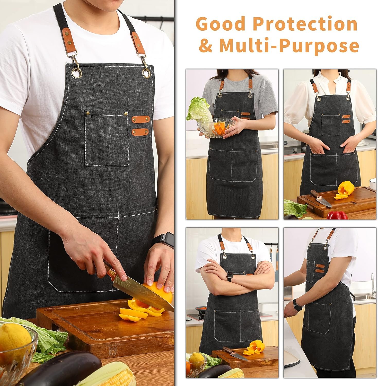 Tosewever 2 Pack Canvas Cross Back Chef Apron for Men Women with Pockets, Cotton Tool Aprons for Cooking Kitchen BBQ Artist - Image 4