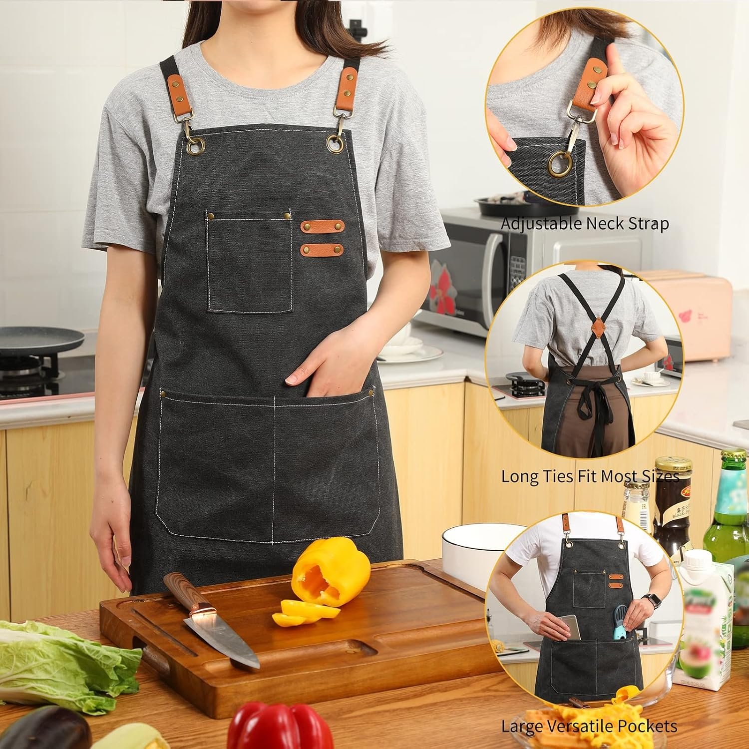 Tosewever 2 Pack Canvas Cross Back Chef Apron for Men Women with Pockets, Cotton Tool Aprons for Cooking Kitchen BBQ Artist - Image 5