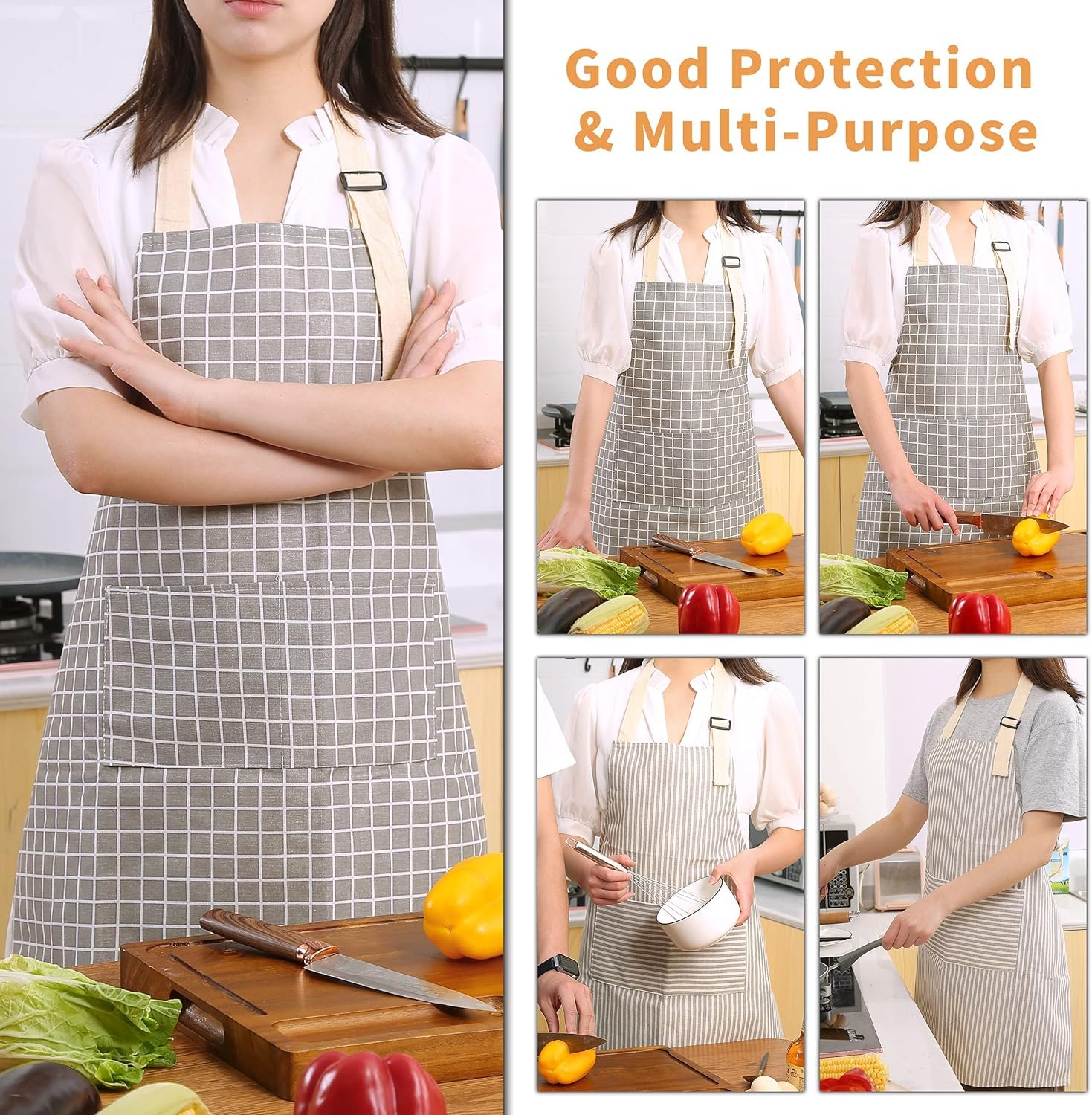 Tosewever 2 Pieces Kitchen Cooking Aprons, Waterproof Linen Adjustable Bib Aprons with 2 Pockets for Women Men Chef (Grey Stripes/Plaids, 2) - Image 3