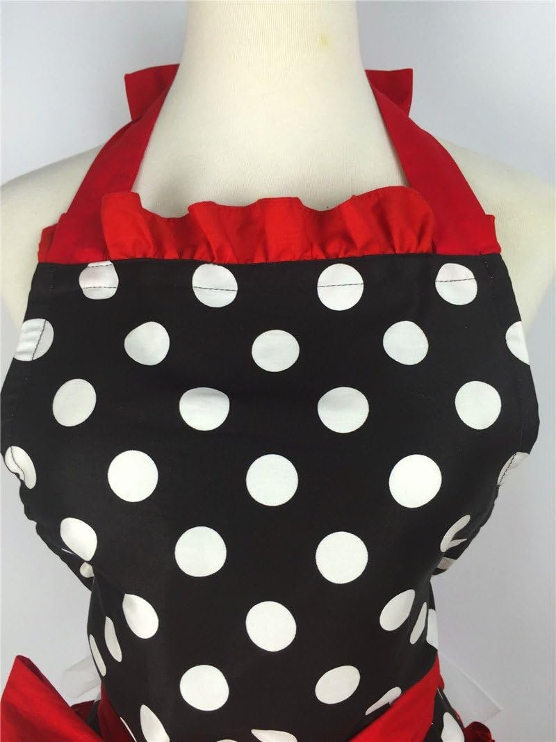 Hyzrz Cute Apron Retro Black Polka Dot Retro Ruffle Side Vintage Cooking Aprons with Pockets for Women Girls (Side Red) - Image 3