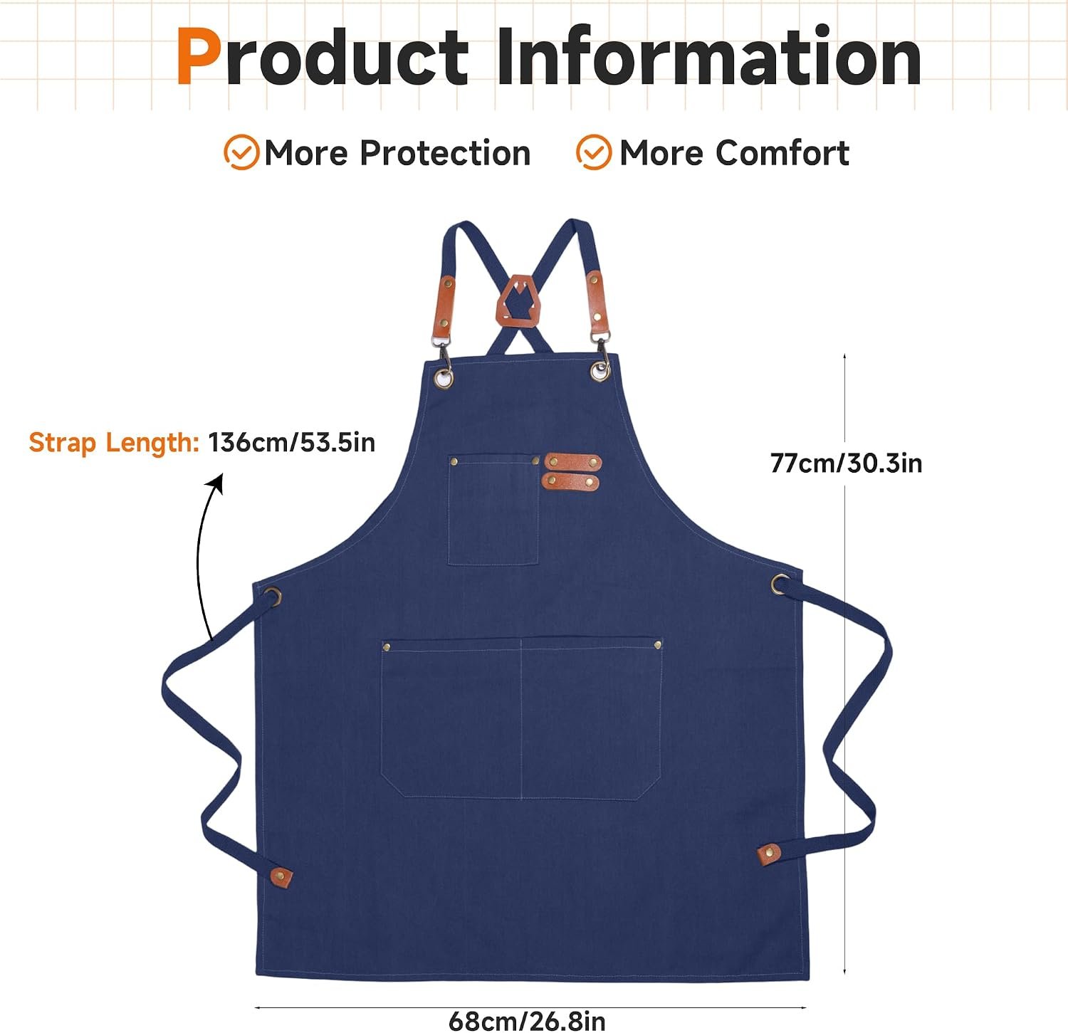 Chef Aprons For Men,Adjustable Cross Back Canvas Aprons with Pockets,Wear-Resisting For Kitchen BBQ Baking Gardening - Image 3