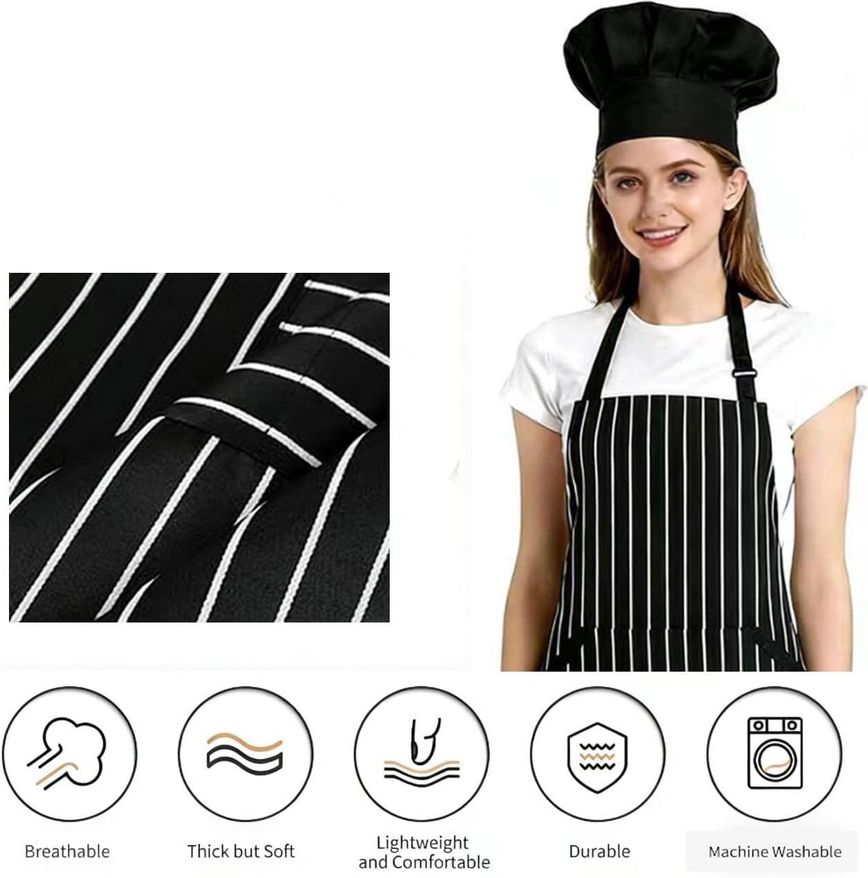 2Pack Chef Apron and Hat set,Adjustable Kitchen Cooking Apron Waterproof Bib apron Baker Costume for men Women - Image 3