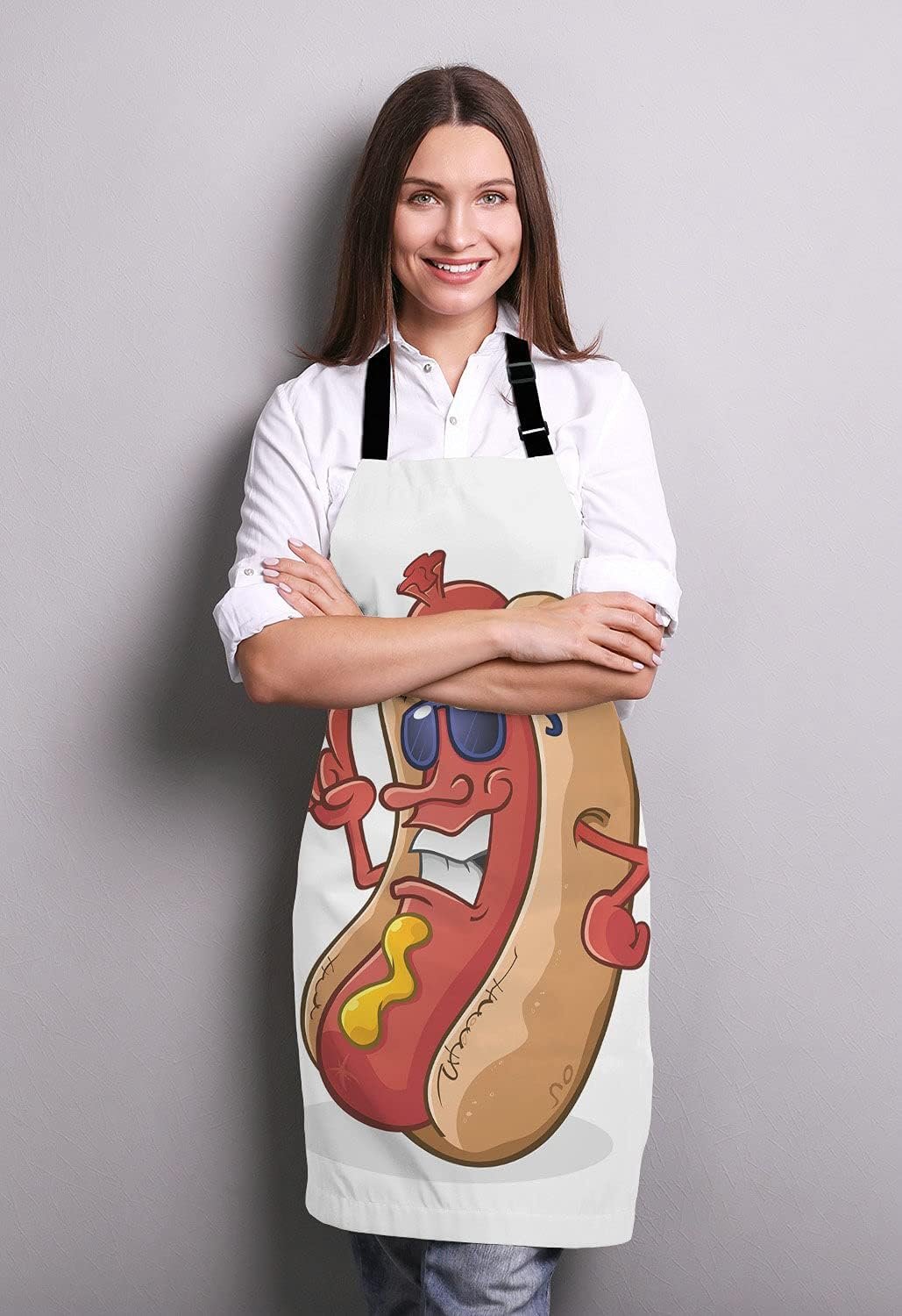 Hot Dog Cartoon Character Wearing Sunglasses Adjustable Bib Apron Kitchen Cooking Baking Gardening Apron for Women Men - Image 3