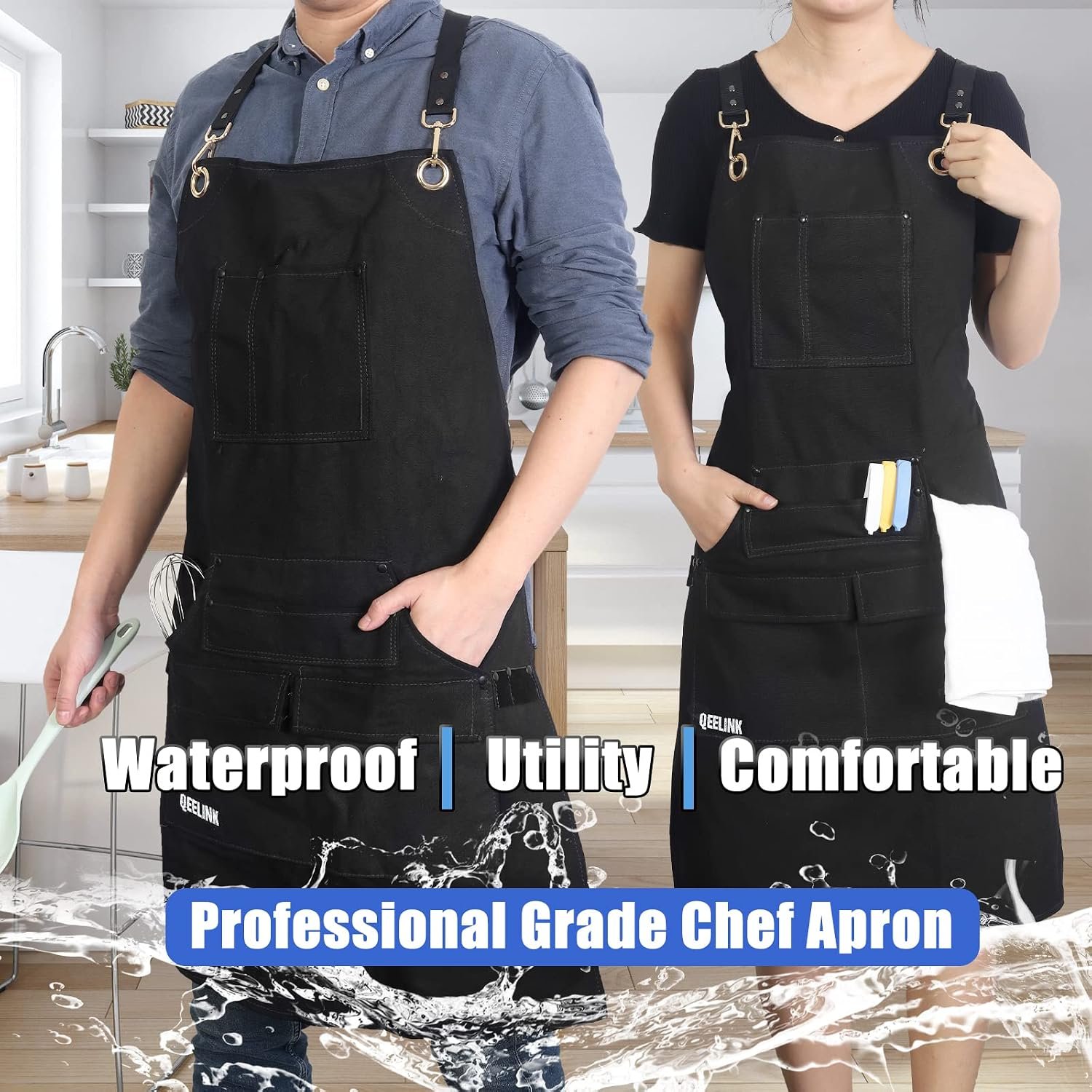 QeeLink Professional Grade Chef Apron for Kitchen, BBQ and Grill with 10 Tool Pockets - Water Resistant Canvas Apron with Quick Release Buckle, Adjustable M to XXXL for Men & Women, Black - Image 8
