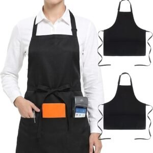 Adjustable Chef Apron with 3 Pockets Cooking Kitchen Aprons for Women Men, Black
