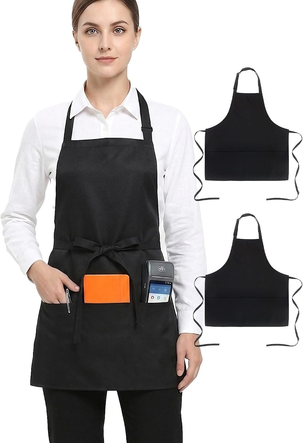 Adjustable Chef Apron with 3 Pockets Cooking Kitchen Aprons for Women Men, Black