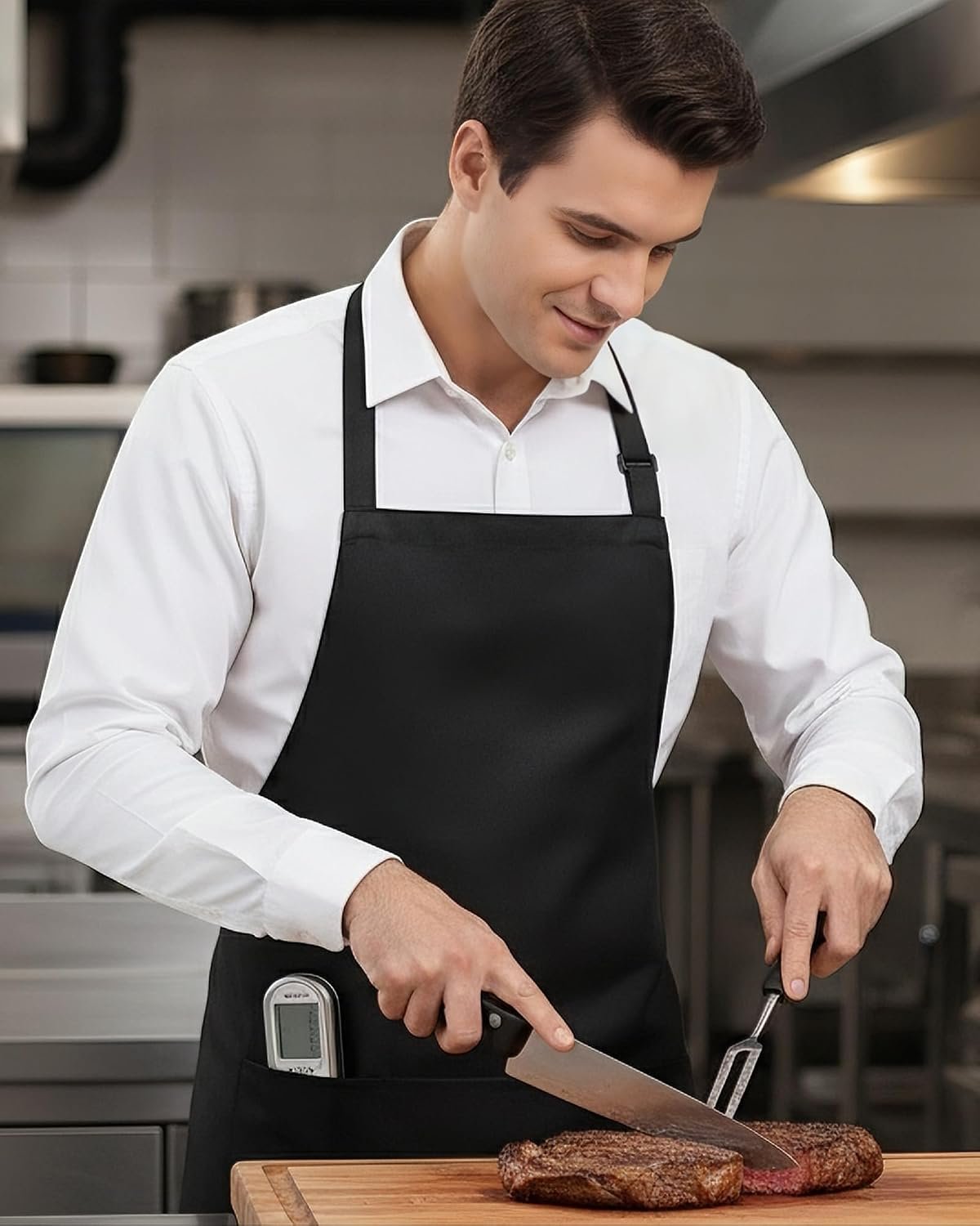 Adjustable Chef Apron with 3 Pockets Cooking Kitchen Aprons for Women Men, Black - Image 6