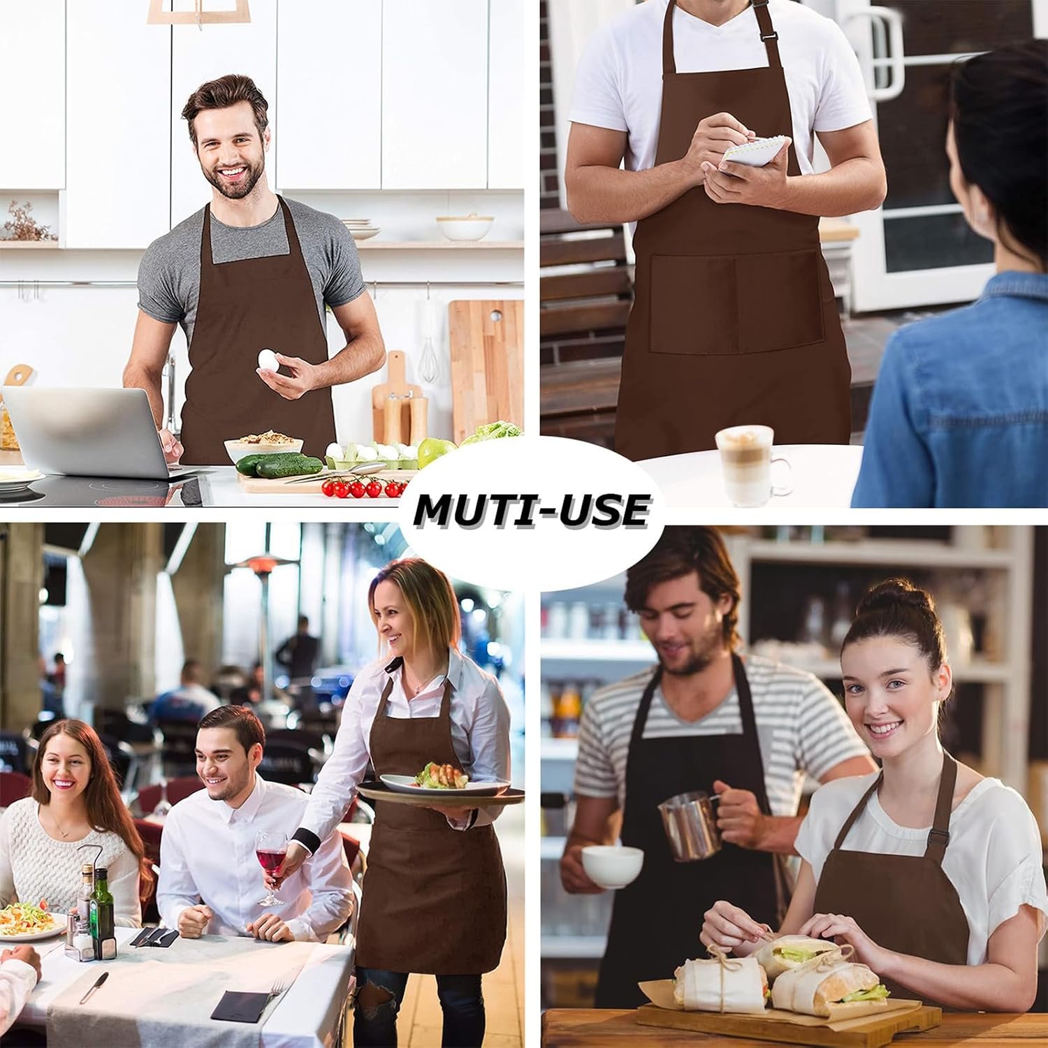 4 Packs Chef Apron, Waterproof Apron, Adjustable Aprons with 2 Pockets for Men Women, Professional Aprons for Kitchen Cooking Gardening Painting Baking Restaurant (Coffee) - Image 4