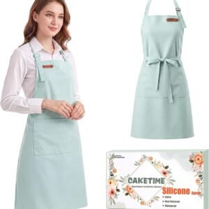CAKETIME Silicone Aprons for Women with Pockets Waterproof Cooking Baking Painting Kitchen Leather Bids Mother Gifts