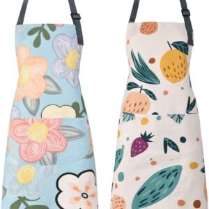 2 Pack Floral Apron for Women with Pockets, Adjustable Cotton Chef Aprons for Kitchen, Cooking, BBQ & Grill
