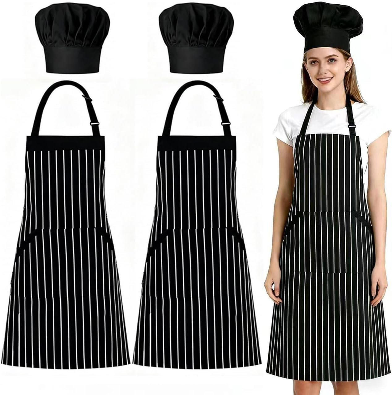2Pack Chef Apron and Hat set,Adjustable Kitchen Cooking Apron Waterproof Bib apron Baker Costume for men Women