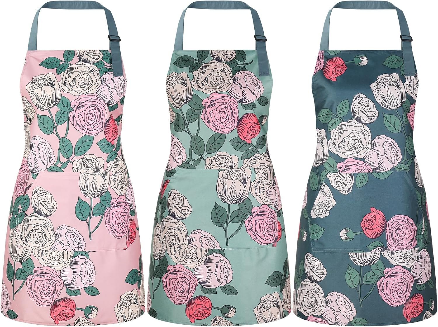 3 Pack Floral Aprons for Women with 2 Pockets, Mother's Day Women Apron Waterproof Adjustable Cooking Aprons for Kitchen, Gardening, Baking, Salon Apron Gift for Mom Wife Sister Grandma