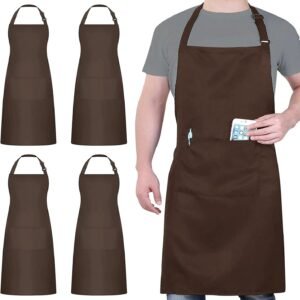 4 Packs Chef Apron, Waterproof Apron, Adjustable Aprons with 2 Pockets for Men Women, Professional Aprons for Kitchen Cooking Gardening Painting Baking Restaurant (Coffee)