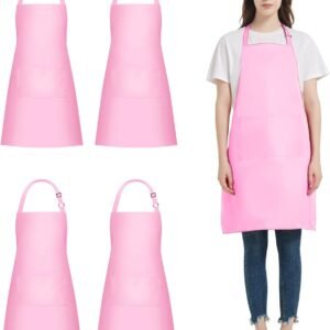4 Packs Chef Apron with 2 Pockets, Waterproof Adjustable Apron for Men Women Perfect for Kitchen Cooking Baking Gardening Restaurant BBQ Coffee House, Professional Apron (Pink)
