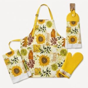 4-Piece Kitchen Apron Set with Oven Mitt & Dish Towel, Cooking Apron for Women,Housewarming Gift Set