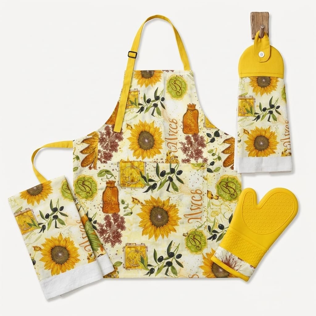 4-Piece Kitchen Apron Set with Oven Mitt & Dish Towel, Cooking Apron for Women,Housewarming Gift Set