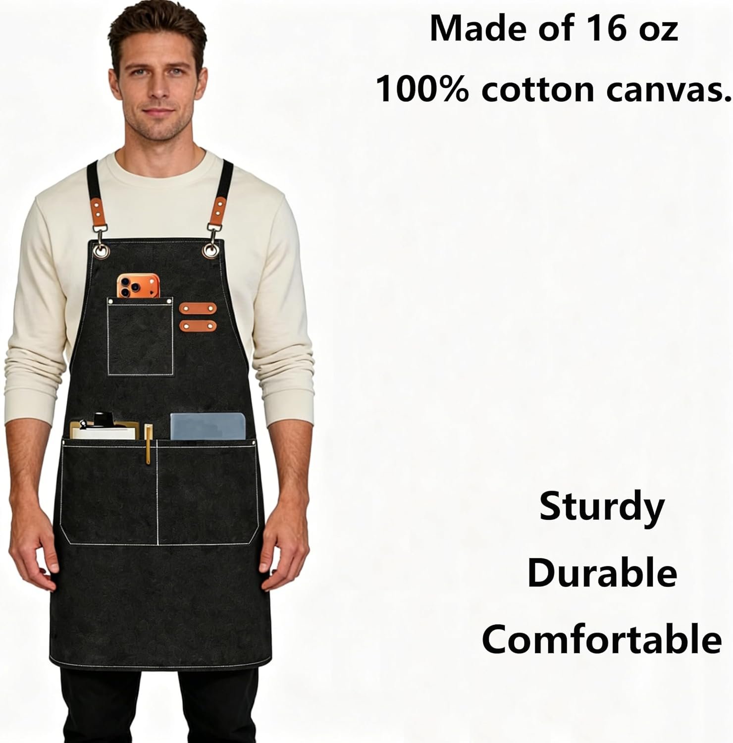 AFUN Chef Aprons for Men Women with Oversized Pockets, 16-Ounce Cotton Canvas Cross Back Heavy Duty Work Apron (Black) - Image 2