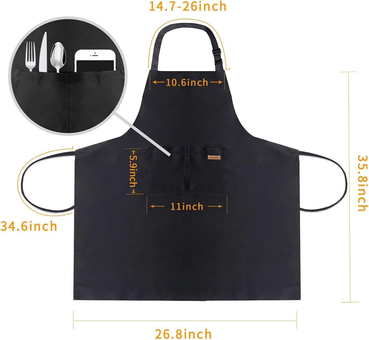 ATROPOS 2 Pack Black Adjustable Bib Cooking Apron Waterdrop Resistant with 2 Pockets Aprons for Men Women - Suit for Kitchen And Outdoor BBQ (35.8IN x 26.8IN Black) - Image 2