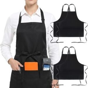 Adjustable Chef Apron with 3 Pockets Cooking Kitchen Aprons for Women Men, Black