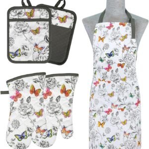 Alselo Oven Mitts and Pot Holders with Chaf Apron,Set of 5 Heat Resistant Kitchen Gloves and Silicone Non-Slip Potholders Adjustable Neck Buckle Apron, Cotton Nice Design for Cooking (Butterfly)