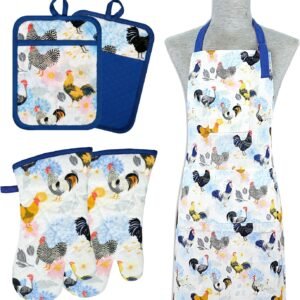 Alselo Oven Mitts and Pot Holders with Chef Apron,Set of 5 Heat Resistant Kitchen Gloves and Silicone Non-Slip Potholders Adjustable Neck Buckle Chef Apron, Cotton Nice Design for Cooking (Rooster)