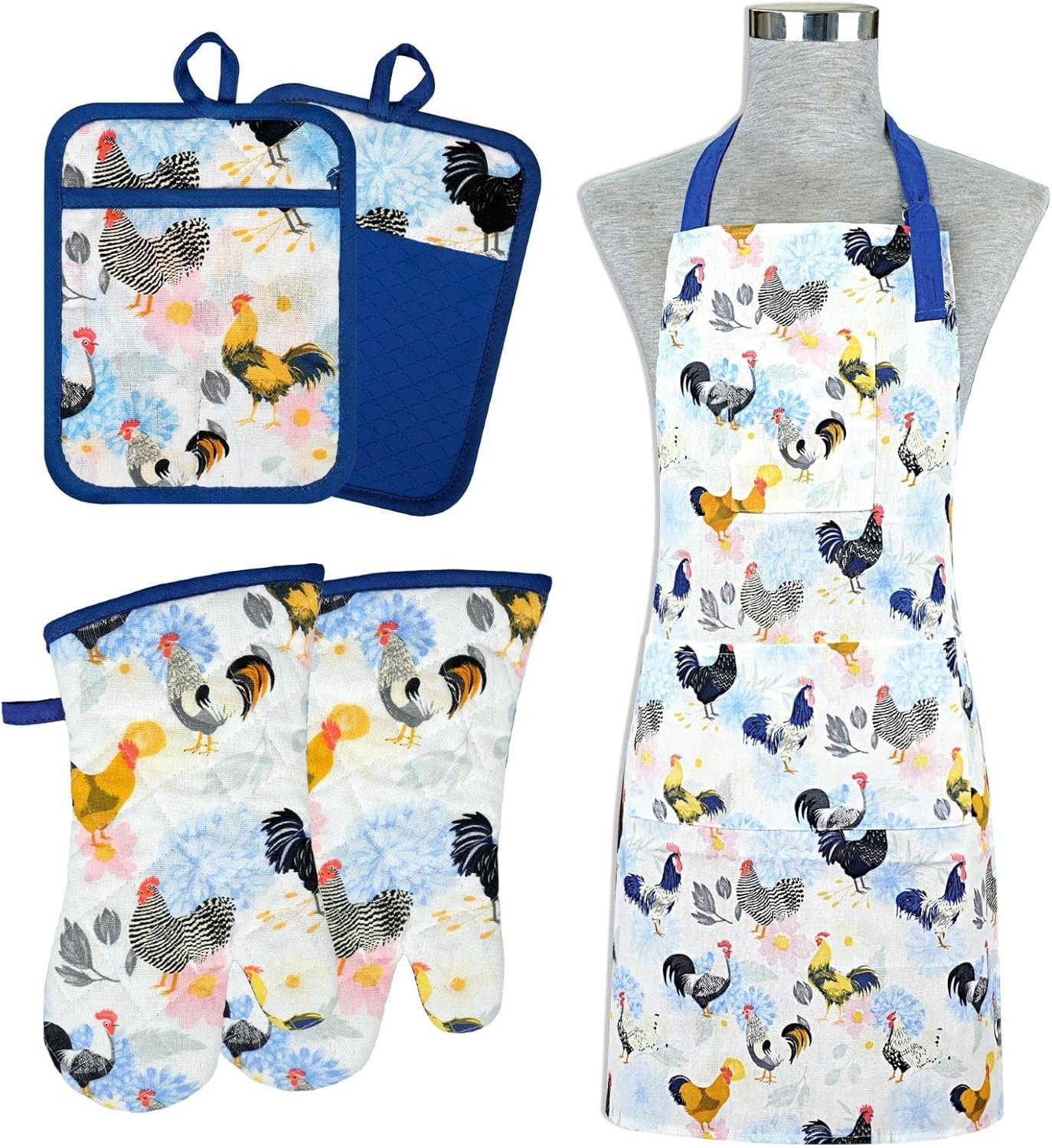Alselo Oven Mitts and Pot Holders with Chef Apron,Set of 5 Heat Resistant Kitchen Gloves and Silicone Non-Slip Potholders Adjustable Neck Buckle Chef Apron, Cotton Nice Design for Cooking (Rooster)