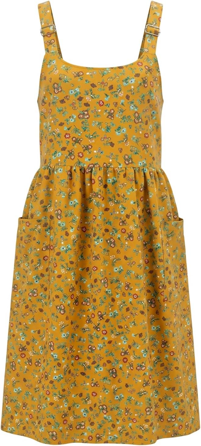 Apron for Women Cotton Linen with Large Pockets Floral No Waist Tie Kitchen Cooking Baking Gardening Aprons Dress