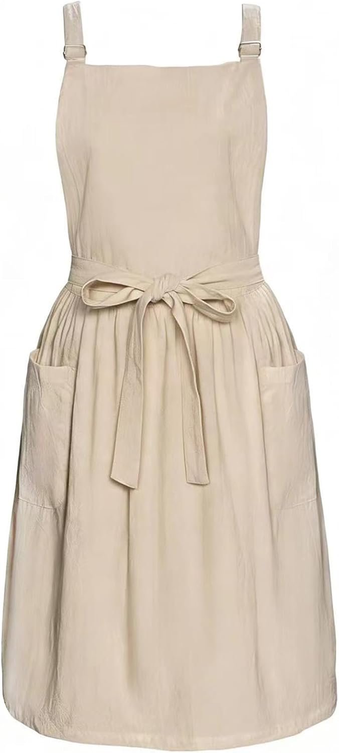 Apron for Women with Pockets Cotton Linen Metal Clip Adjust Kitchen Cooking Baking Gardening Dress Chef Apron