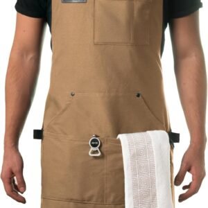 Asaya Chef and BBQ Apron with Bottle Opener and Hand Towel - 10oz Cotton Canvas, Stainless Steel Hardware - Cross Back Straps