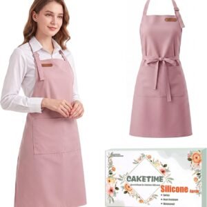 CAKETIME Silicone Aprons for Women with Pockets Waterproof Cooking Baking Painting Kitchen Leather Bids Mother Gifts