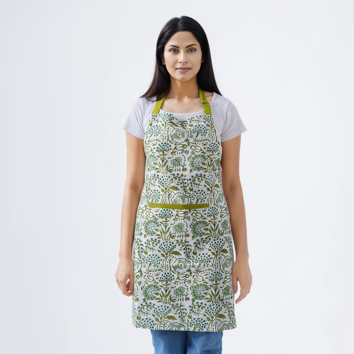 CPC Cotton Floral Kitchen Apron for women with Pocket and Adjustable Neck Ties. Apron for Women Men Chef-Hand Block Printed - Image 2