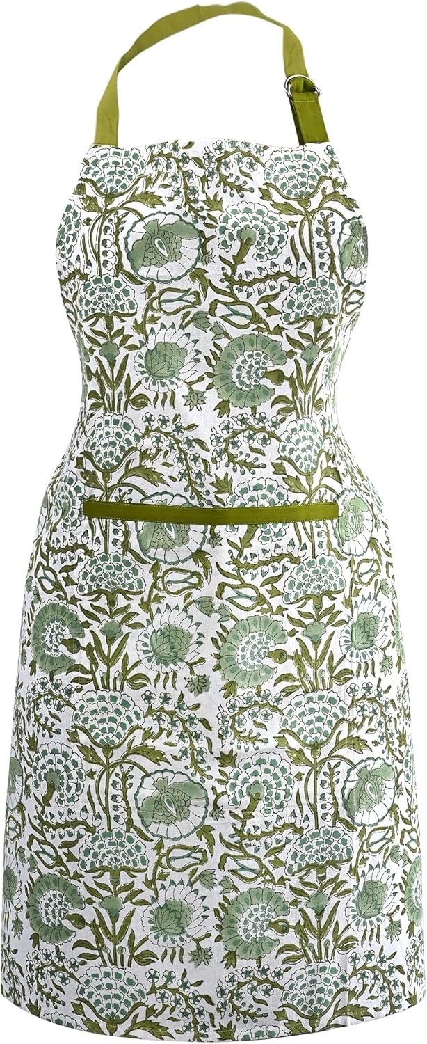 CPC Cotton Floral Kitchen Apron for women with Pocket and Adjustable Neck Ties. Apron for Women Men Chef-Hand Block Printed