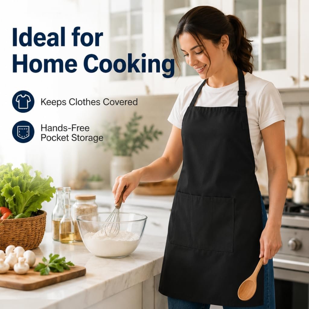 Chef Apron,Cotton Polyester Kitchen Apron with 2Pockets,Adjustable Stain Resistant for Cooking BBQ(1Pcs) - Image 2