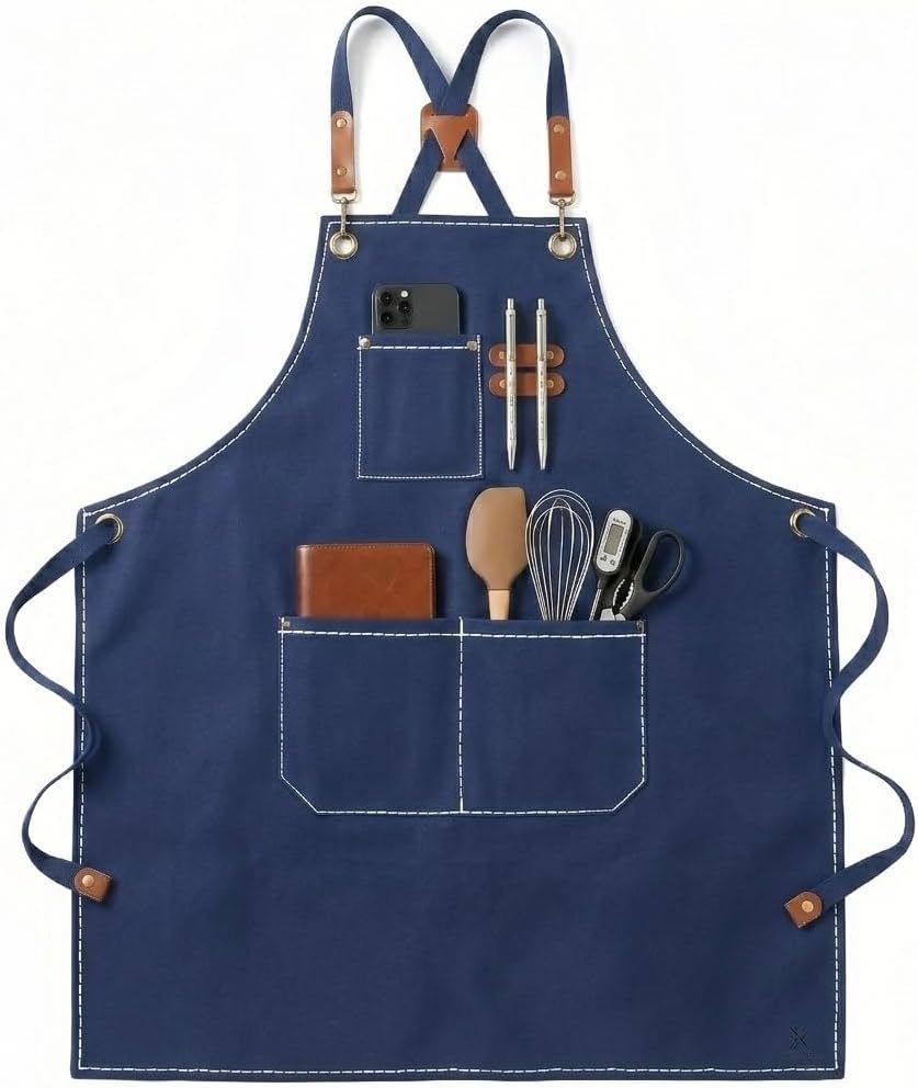 Chef Aprons For Men,Adjustable Cross Back Canvas Aprons with Pockets,Wear-Resisting For Kitchen BBQ Baking Gardening