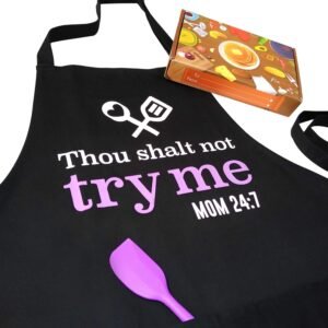 Cooking Apron for Mom with Spatula and Gift Box, Funny Kitchen Apron with 3 Pockets, Mom Gift, Cute Apron, Mother's Day Gift (Thou Shalt Not Try Me)