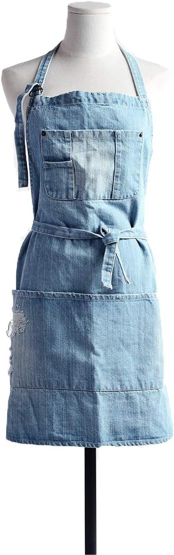 Cotton Denim Apron Soft - Unisex Adjustable Bib Apron with 5-Pockets Perfect for Kitchens