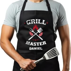 Custom Grill Master Aprons for Men, Mens Grilling Gifts for Fathers Day, BBQ Grilling Chef Aprons