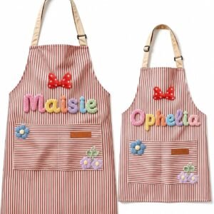 Customizable personalized aprons in adult and child sizes with printed names; these waterproof aprons for kitchen cooking, baking, painting feature pockets and adjustable straps, ideal for home use.